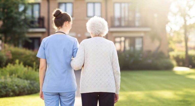Older adult choosing clothing in a private living space while a caregiver offers respectful assistance.